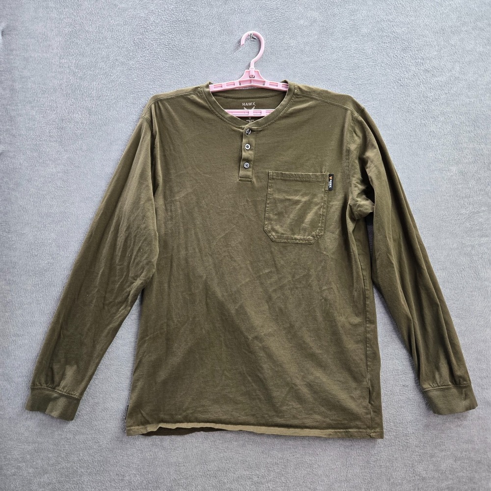 Hawx Men Shirt XLT Green Knit Work Gear Henley Long Sleeve Logo Cotton